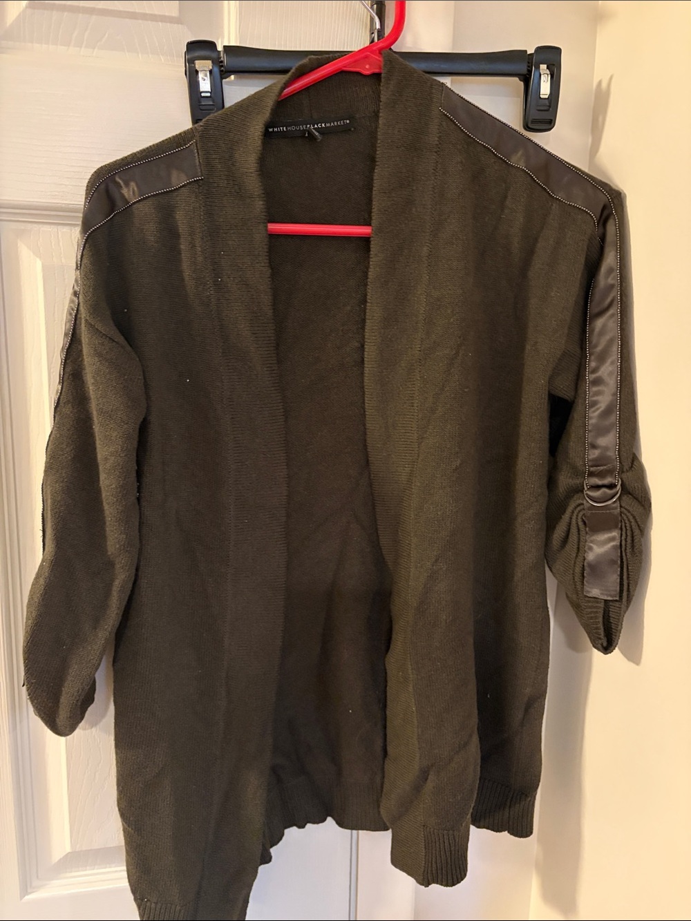 White House Black Market Olive Open-Front Cardigan with Faux-Leather Trim